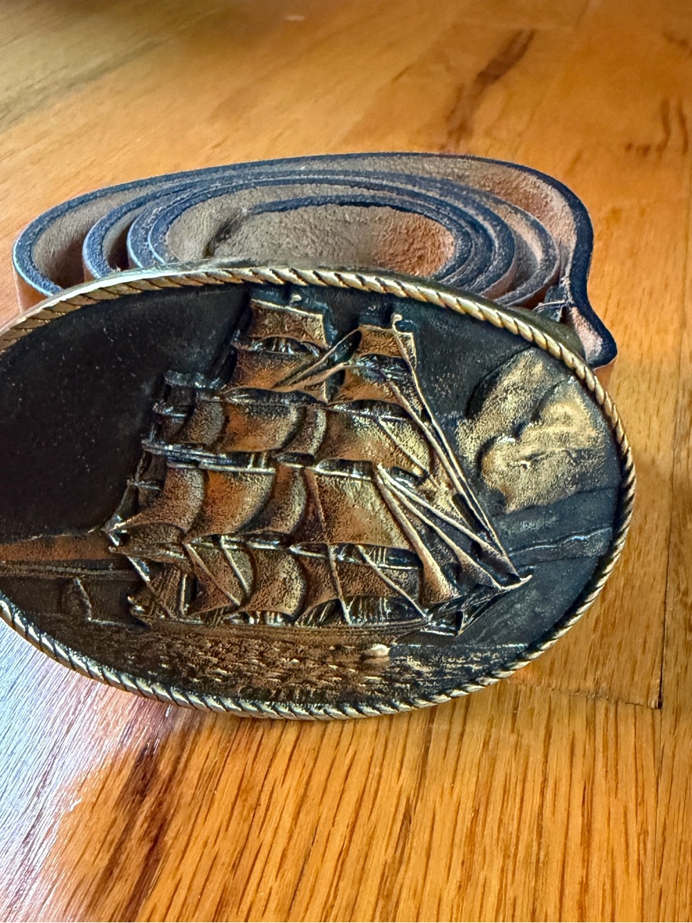 Men's Vintage Brown Leather Belt with Gold Ship Buckle